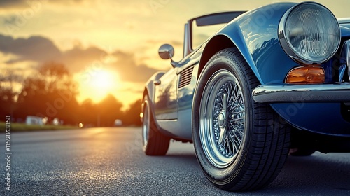 Classic car at sunset on road. photo