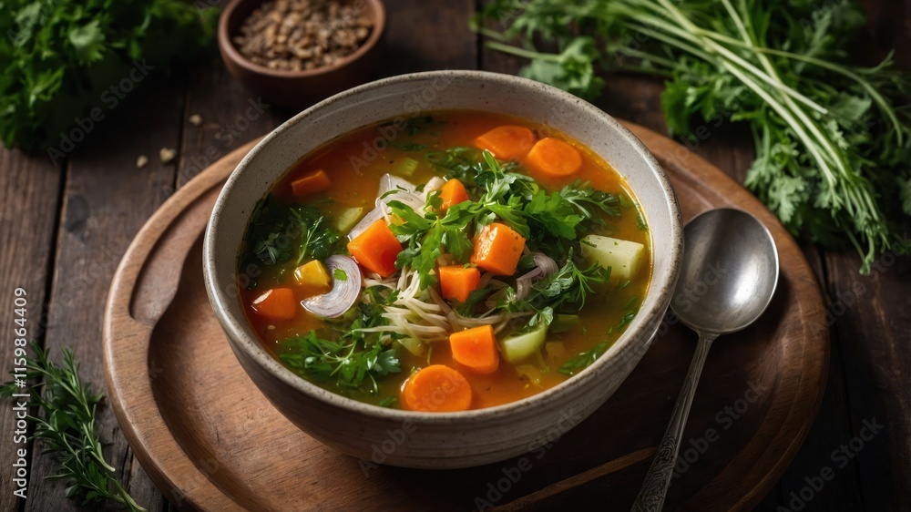 A bowl of vibrant vegetable soup garnished with fresh herbs and served on a wooden platter. A bowl of vibrant vegetable soup garnished with fresh herbs and served on a wooden platter.