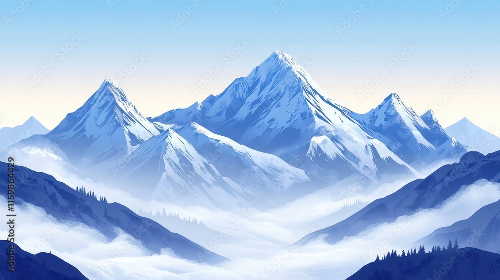 Obraz premium Snowy Mountain Peaks in Foggy Winter Landscape