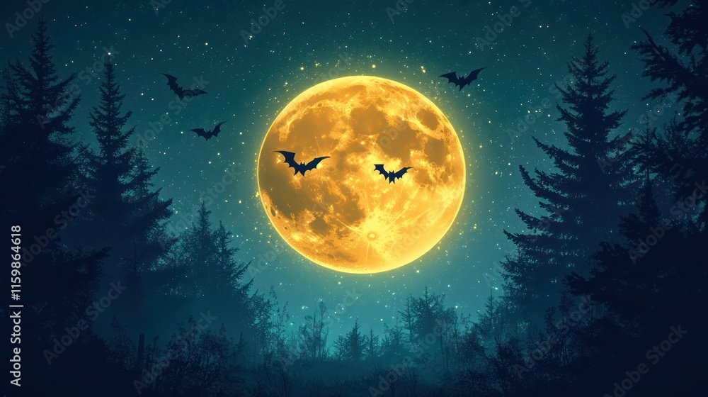 Fototapeta premium Halloween night, full yellow moon over dark forest with bats.
