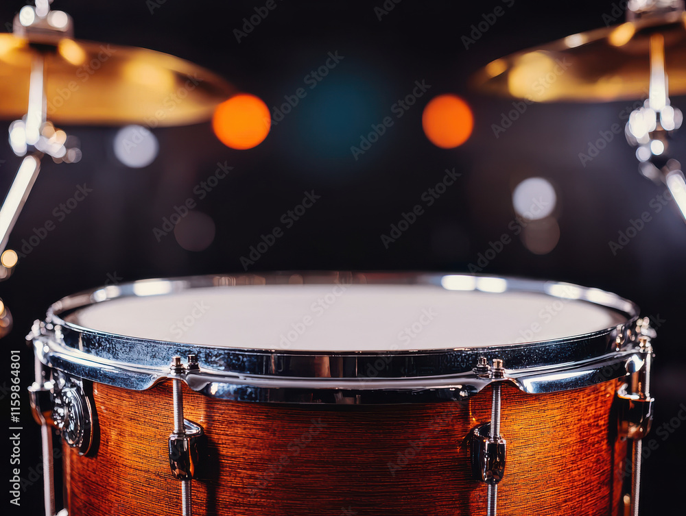 Fototapeta premium Close up of drum set with vibrant stage lighting