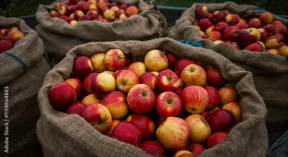 Harvested Red and Yellow Apples in Burlap Sacks on a Farm Harvested Red and Yellow Apples in Burlap Sacks on a Farm