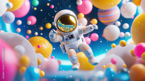 adventurous astronaut exploring colorful galaxy filled with spheres