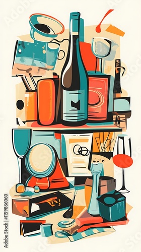 A colorful collage of drinkware, bottles, and bar tools, celebrating beverage culture.