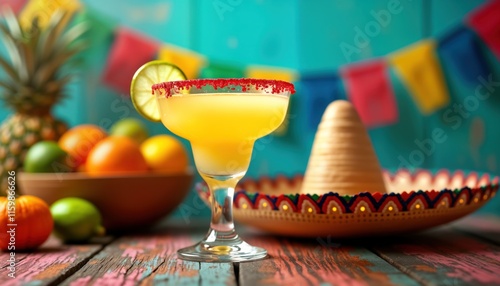 Colorful festive table setting for Cinco de Mayo party. Fresh fruit, colorful decorations including sombrero, glass of margarita. Refreshing beverage with colorful fruits, vibrant decorations.