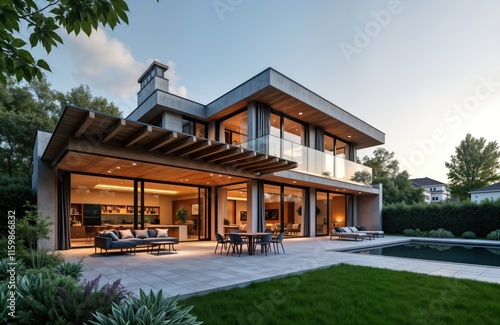 Modern house with large windows, terrace. Spacious living area, outdoor patio with dining table, comfy furniture. Pool for relaxing. Stylish contemporary design, natural setting. Tranquil exterior photo