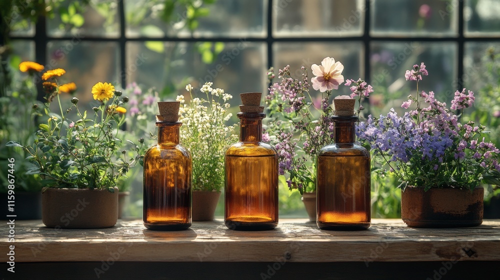 Amber glass bottles with fresh flowers in a garden Amber glass bottles with fresh flowers in a garden