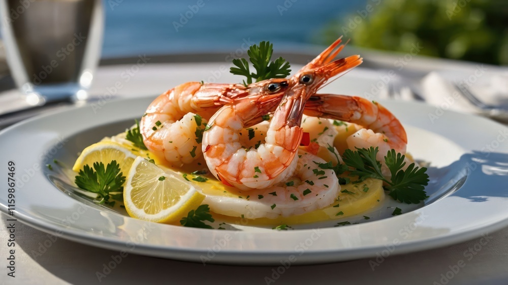 A plate of shrimp garnished with lemon and parsley, set against a scenic background. A plate of shrimp garnished with lemon and parsley, set against a scenic background.