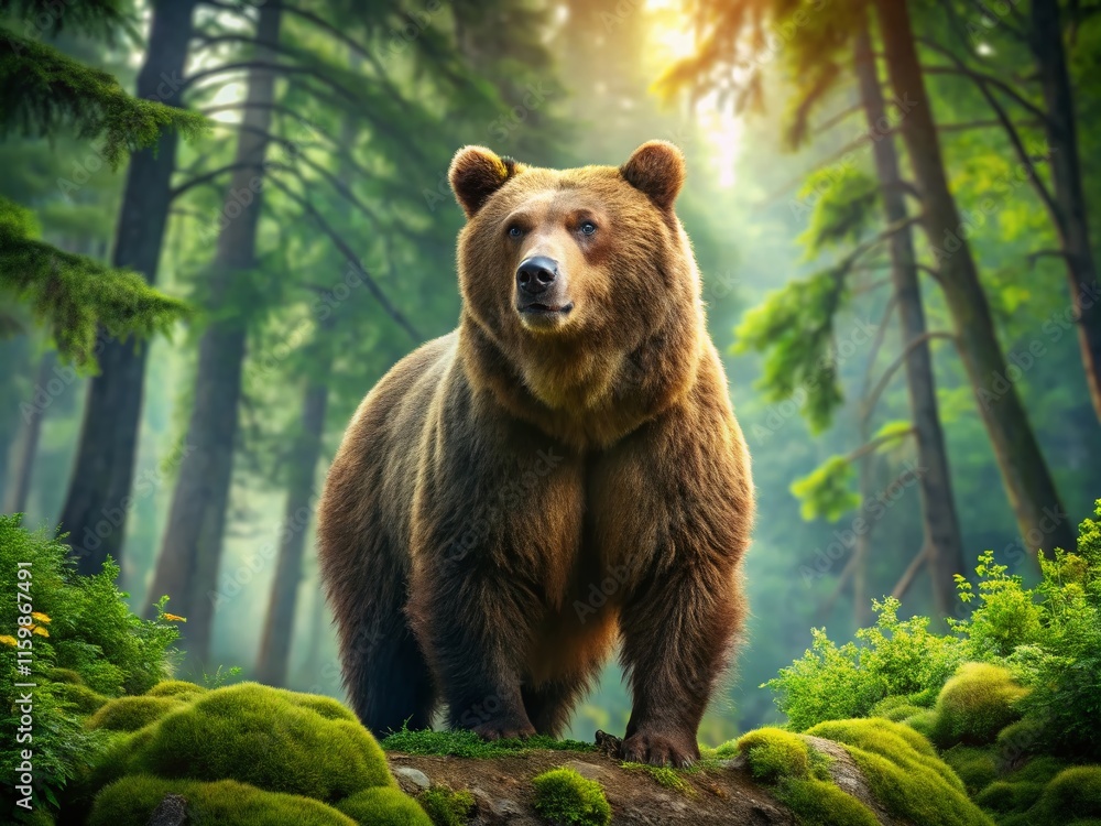 Fototapeta premium Majestic Brown Bear at Russian Zoo Landscape