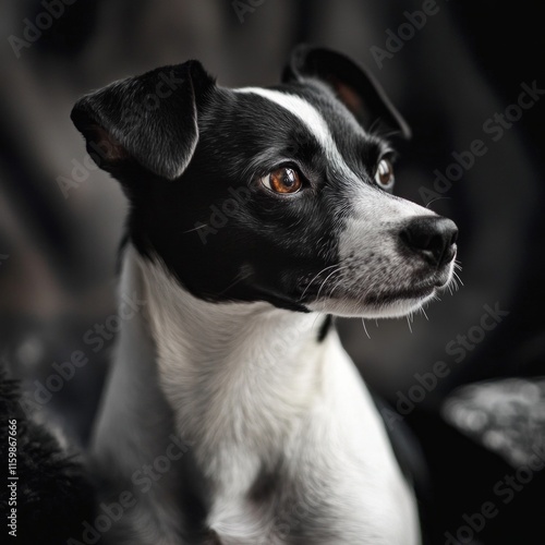 Alert black and white dog with pointed ears and brown eyes in close-up profile photo