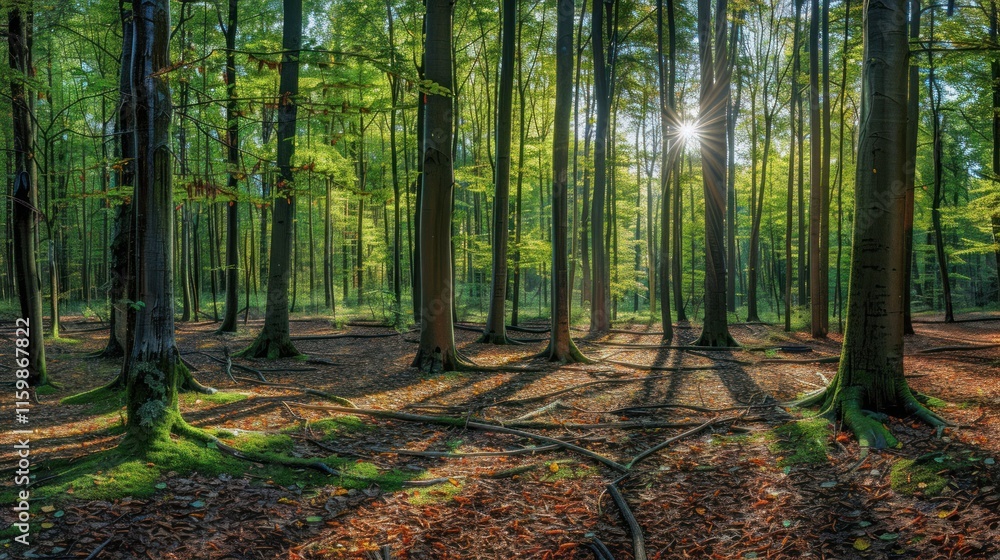 Fototapeta premium Sunlight streams through a dense forest canopy, casting long shadows on the forest floor.