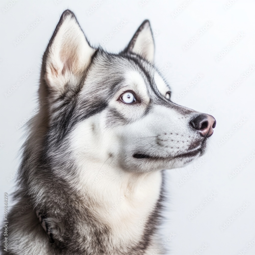 Siberian husky with piercing blue eyes looking sideways Siberian husky with piercing blue eyes looking sideways