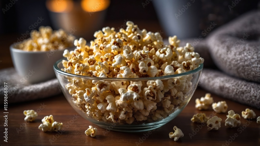 A glass bowl filled with popcorn, surrounded by cozy elements for a snack experience. A glass bowl filled with popcorn, surrounded by cozy elements for a snack experience.
