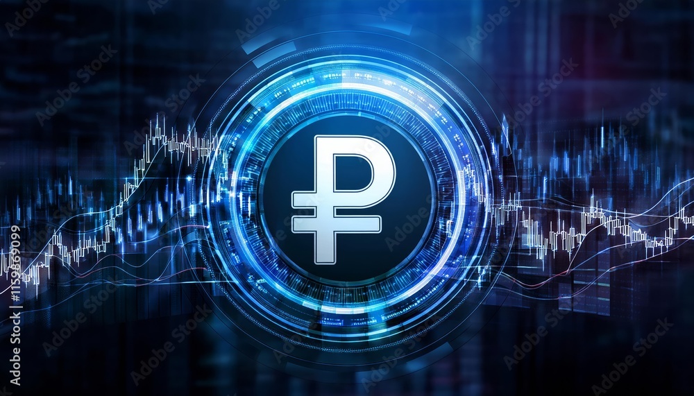 Blue circle with a white letter P in the middle ruble symbol, currency exchange concept Blue circle with a white letter P in the middle ruble symbol, currency exchange concept