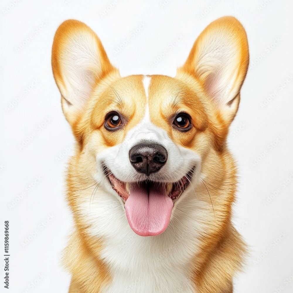 Cheerful corgi with fluffy ears and bright expression on white background Cheerful corgi with fluffy ears and bright expression on white background