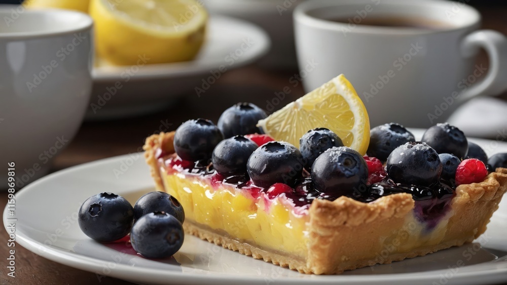 A slice of berry tart with lemon garnish, served on a plate with coffee and lemon in the background. A slice of berry tart with lemon garnish, served on a plate with coffee and lemon in the background.