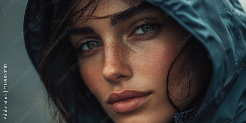 Close-up of a model wearing a hooded waterproof windbreaker with heat-sensitive fabric that shifts colors in ambient lighting Close-up of a model wearing a hooded waterproof windbreaker with heat-sensitive fabric that shifts colors in ambient lighting