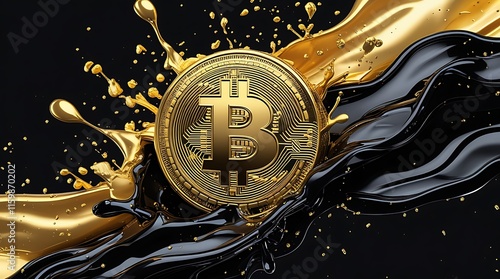 Golden Bitcoin Cryptocurrency Splashed with Liquid Gold and Black Oil Representing Wealth, Blockchain Innovation, Digital Currency Revolution, and the Future of Secure Financial Transactions Globally photo