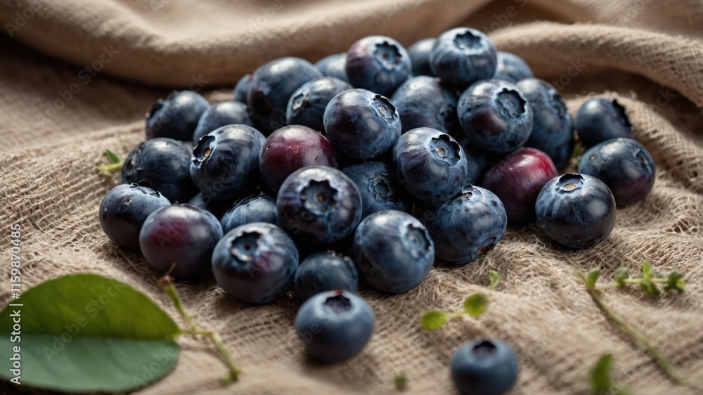 A pile of fresh blueberries on a textured fabric background. A pile of fresh blueberries on a textured fabric background.