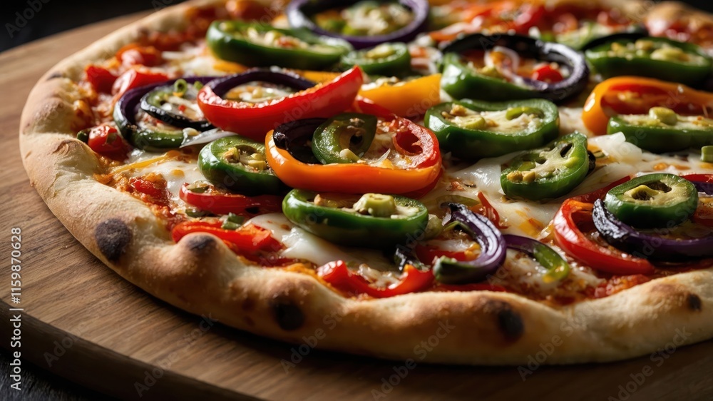 A close-up of a colorful vegetable pizza on a wooden board, ready to be served. A close-up of a colorful vegetable pizza on a wooden board, ready to be served.