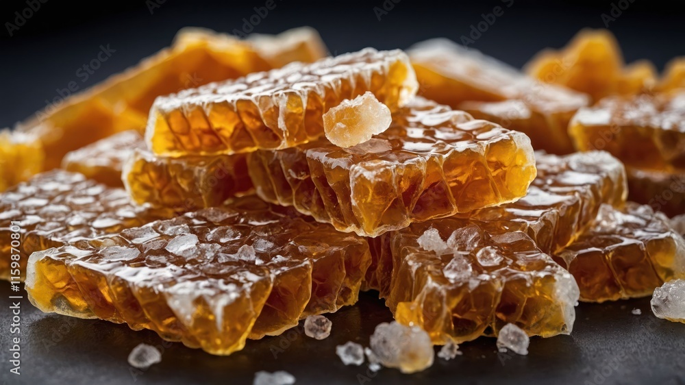A close-up of honeycomb pieces with crystalline sugar, showcasing natural sweetness. A close-up of honeycomb pieces with crystalline sugar, showcasing natural sweetness.