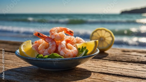 A plate of shrimp with lemon slices on a wooden table by the beach, capturing a fresh seafood vibe. photo