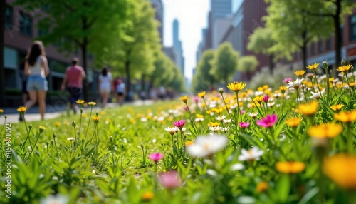 Urban green space thrives with vibrant wildflowers. People walk along pathway amidst colorful array of blooms. Plants contrasts with backdrop of city buildings. Eco-friendly design creates