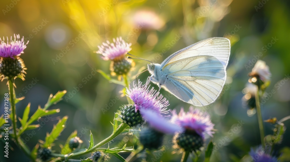 Delicate white butterfly on a thistle flower in a sunlit meadow. Delicate white butterfly on a thistle flower in a sunlit meadow.