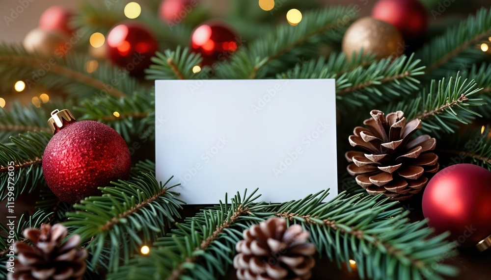 Blank white card sits in pine branches, Christmas decorations. Festive holiday season atmosphere. Decorative elements like pine cones, red ornaments surround blank card. Cozy, inviting setting. Blank white card sits in pine branches, Christmas decorations. Festive holiday season atmosphere. Decorative elements like pine cones, red ornaments surround blank card. Cozy, inviting setting.