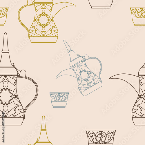 Editable Outline Arab Dallah Coffee Pot and Finjan Cup Vector Illustration Seamless Pattern for Creating Background of Middle Eastern Culture Tradition Cafe and Islamic Moments Related Design