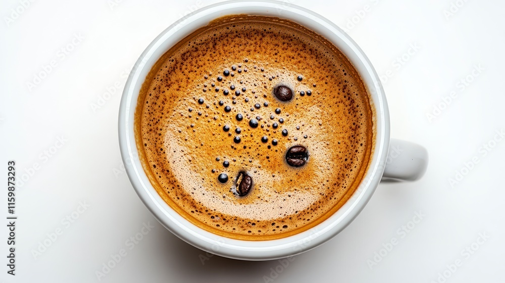 Overhead view of espresso in a white mug. Overhead view of espresso in a white mug.
