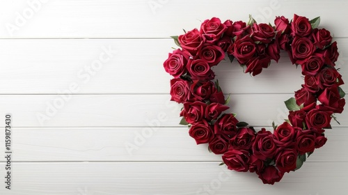 Heart-shaped wreath made of red roses placed on a white surface under soft natural lighting