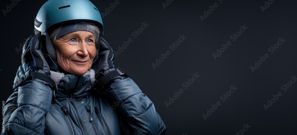 Senior woman prepares for skiing by adjusting her helmet in a studio with soft lighting. Banner with copyspace Senior woman prepares for skiing by adjusting her helmet in a studio with soft lighting. Banner with copyspace