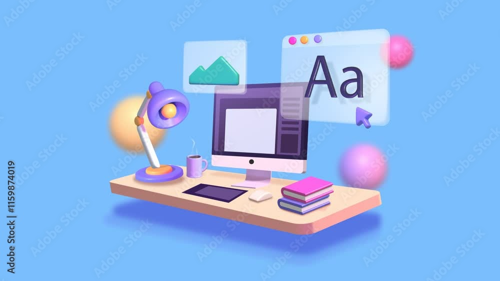 Home office workspace concept, blank screen desktop computer on table with keyboard, mouse, cup, pencil holder, lamp and plant on desk. Home office footage animation video Home office workspace concept, blank screen desktop computer on table with keyboard, mouse, cup, pencil holder, lamp and plant on desk. Home office footage animation video