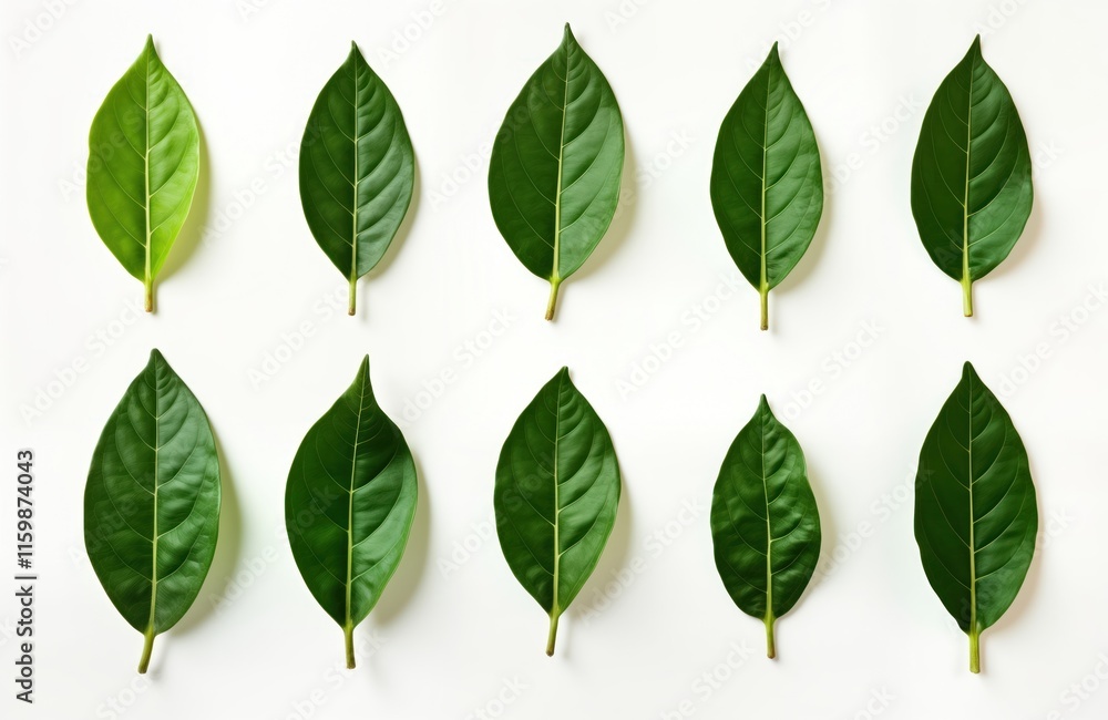 Avocado tree leaves arranged neatly on white background. Full depth of field, focus stacking highlight leaf details. Green leaves vibrant, look healthy. Nature eco theme. Perfect for stock photo. Avocado tree leaves arranged neatly on white background. Full depth of field, focus stacking highlight leaf details. Green leaves vibrant, look healthy. Nature eco theme. Perfect for stock photo.