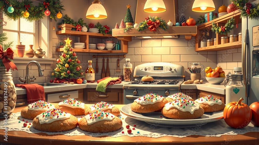 Cozy holiday kitchen with festive cookies and decorations Cozy holiday kitchen with festive cookies and decorations