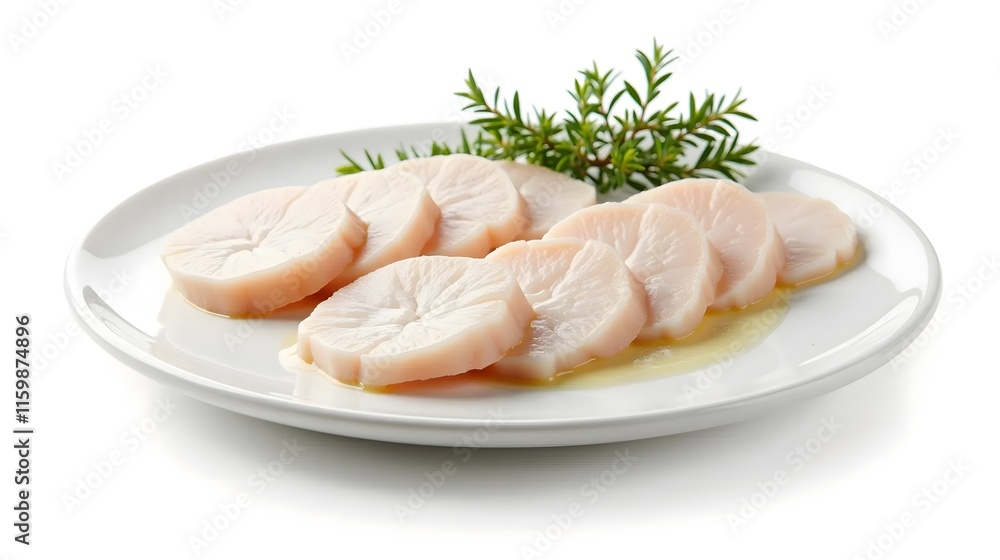 Sliced halibut fish, raw steaks on plate with thyme Isolated on white background. Sliced halibut fish, raw steaks on plate with thyme Isolated on white background.