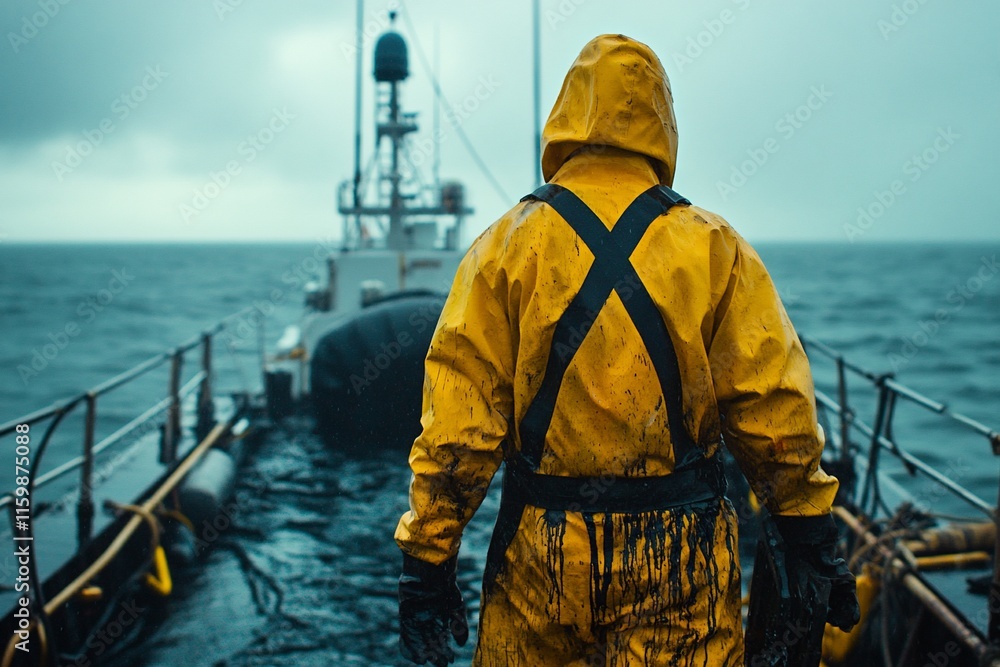 Oil spill cleanup worker walking on a ship's deck. Oil spill cleanup worker walking on a ship's deck.