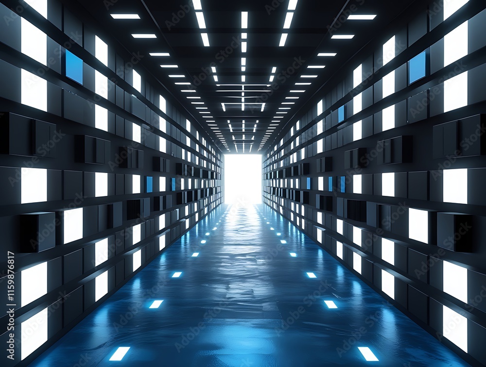 Fototapeta premium Futuristic illuminated corridor with sleek black and blue walls, modern geometric patterns, and glowing lights creating a high-tech ambiance, perfect for technology, innovation, and virtual reality th
