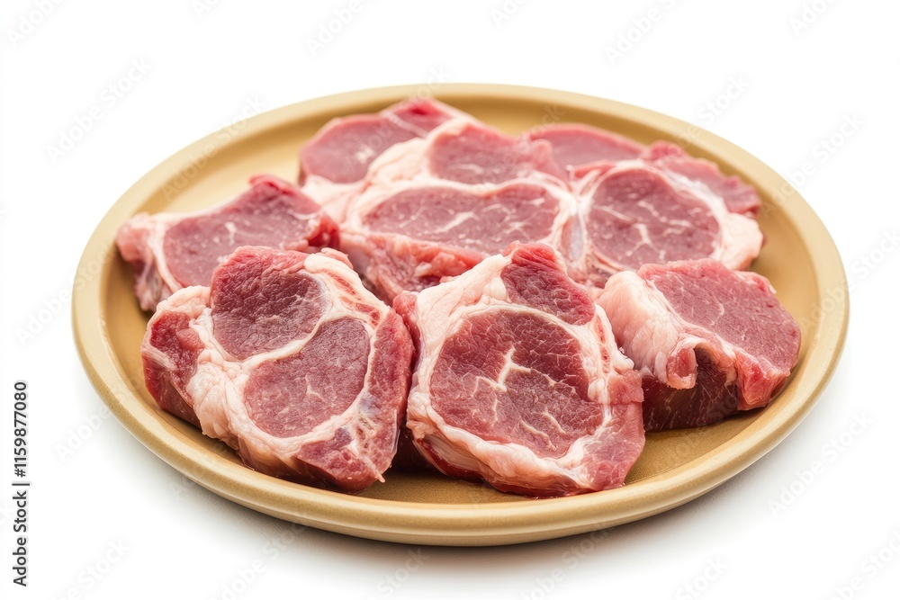 Raw pork neck sliced on plate isolated on white background, shabu, hot pot ingredients Raw pork neck sliced on plate isolated on white background, shabu, hot pot ingredients