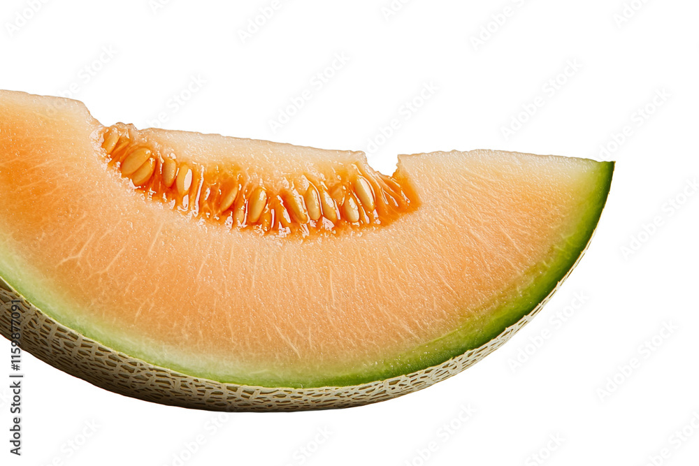 A slice of cantaloupe with a green stem A slice of cantaloupe with a green stem