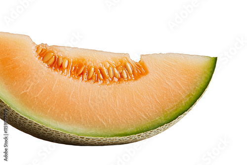 A slice of cantaloupe with a green stem photo