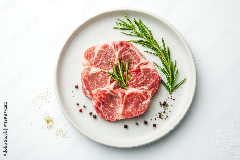 Raw pork neck sliced on plate isolated on white background, shabu, hot pot ingredients Raw pork neck sliced on plate isolated on white background, shabu, hot pot ingredients