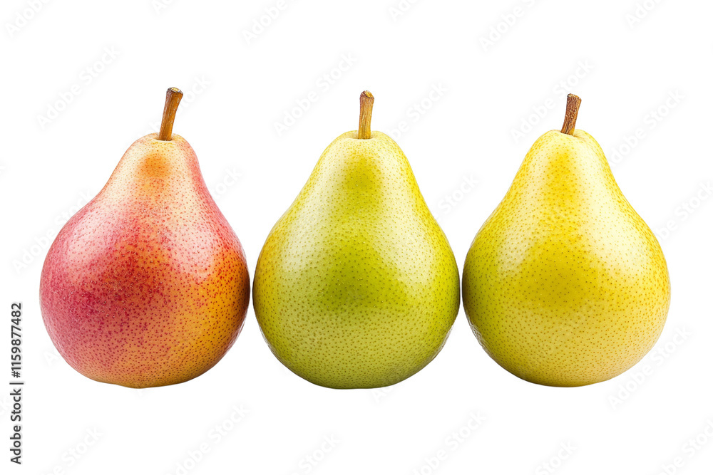 Three green and red pears are lined up on a white background Three green and red pears are lined up on a white background