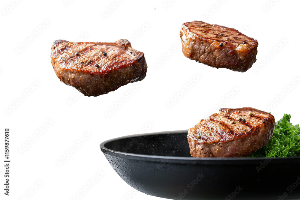 Three pieces of meat are flying through the air above a plate of greens Three pieces of meat are flying through the air above a plate of greens