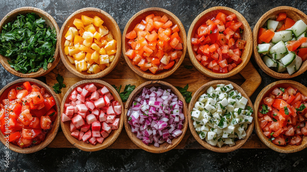 Fresh ingredients arranged in bowls for healthy meal preparation Fresh ingredients arranged in bowls for healthy meal preparation