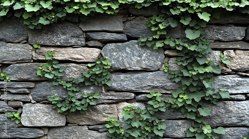 Lush green vines weave through ancient stone wall harmonizing nature and architecture Lush green vines weave through ancient stone wall harmonizing nature and architecture