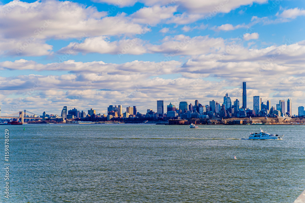 Fototapeta premium boat on water of new york view of city
