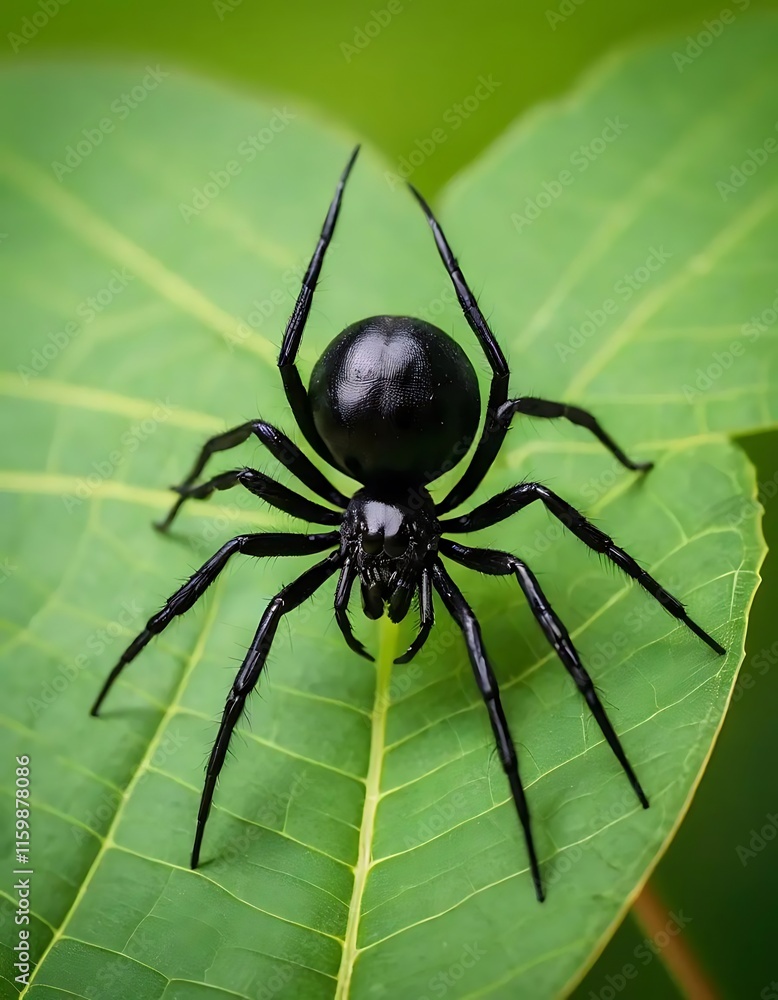 Black spider on a green leaf in nature Black spider on a green leaf in nature