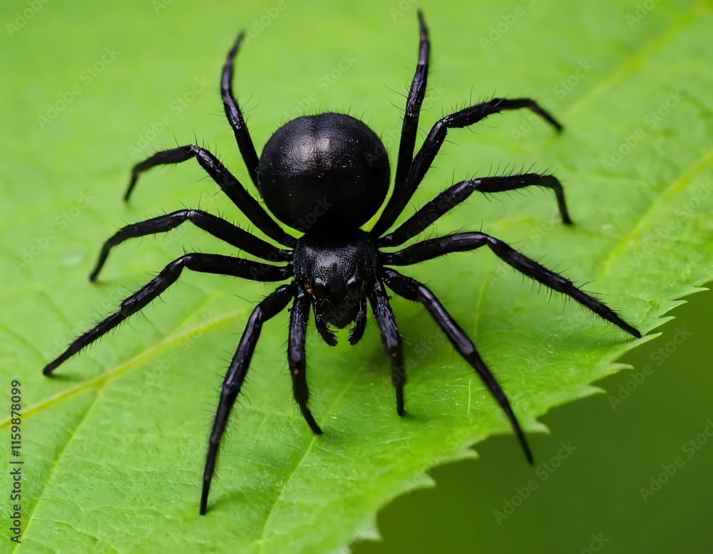 Fototapeta premium Black spider on a vibrant green leaf
